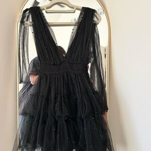 MARBLE Black Tulle Dress with Beaded Accents